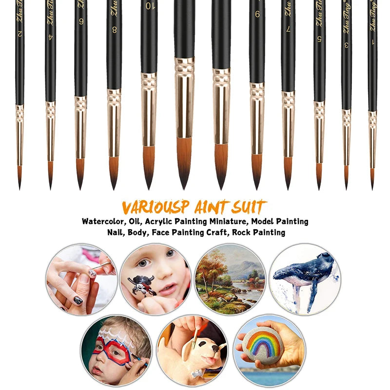 12pcs Professional Paint Brush Round Pointed Tip Nylon Hair