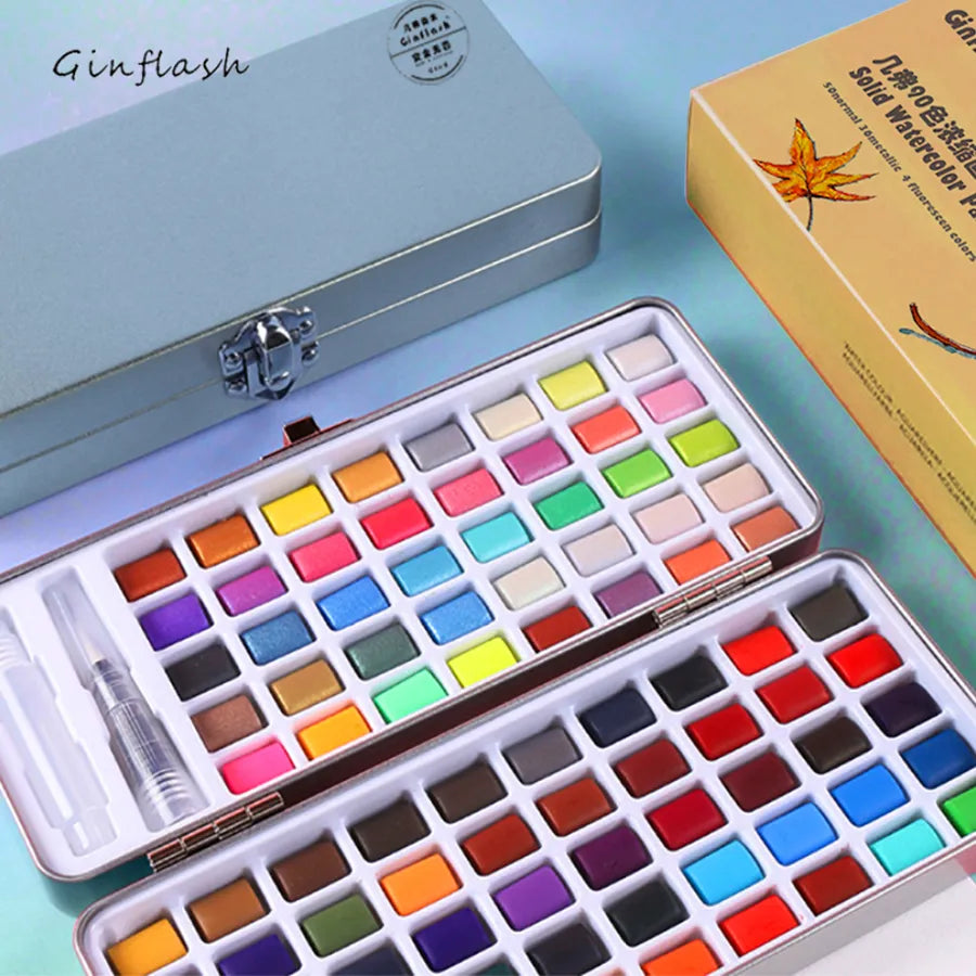 48/90 colors Solid Pigment Watercolor Paints Set With Portable Brush Pen