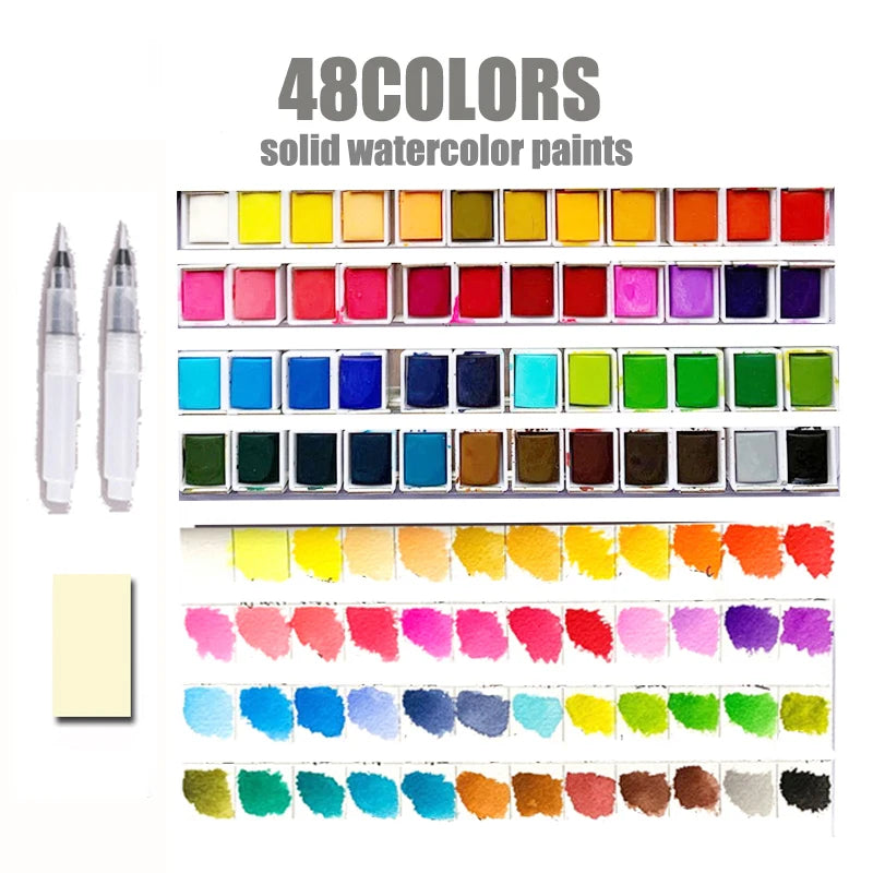48/90 colors Solid Pigment Watercolor Paints Set With Portable Brush Pen