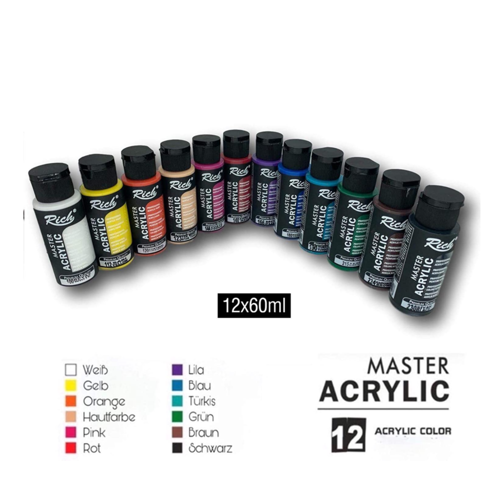 Rich Master 12x60ml Acrylic Paints Art Colors Bottles Set