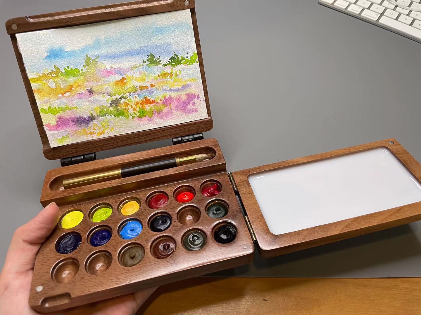 Original Handcrafted Wooden Watercolor Box with Ceramic Palette